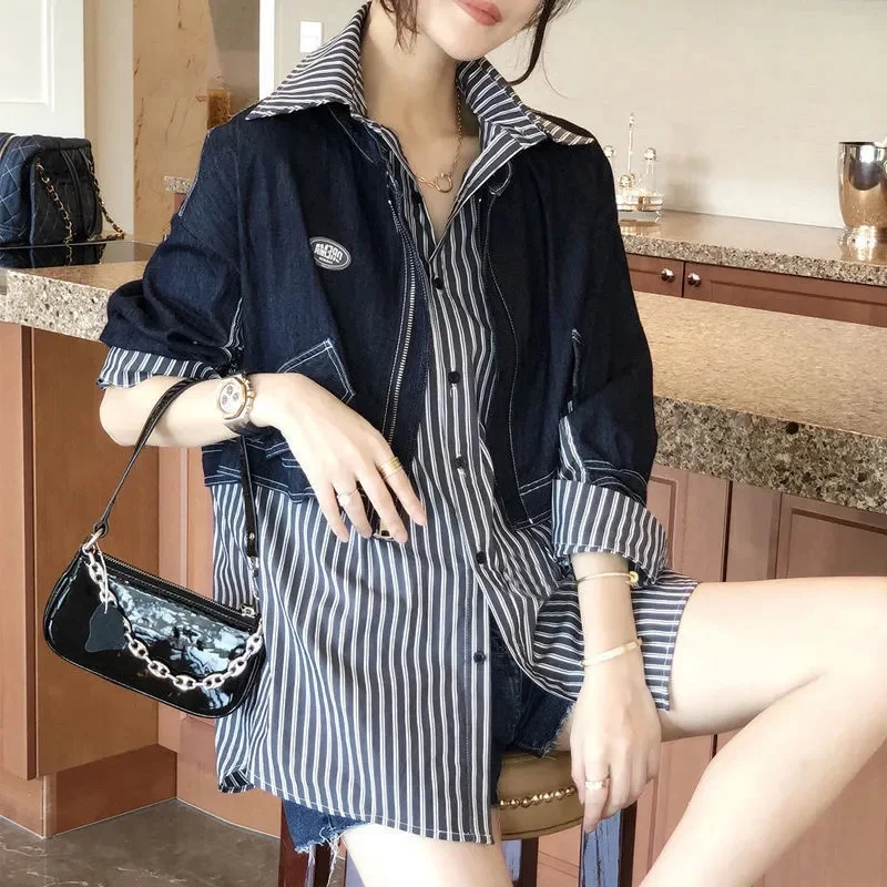 European Station 2023 Early Autumn New European Casual Stripe Denim Vest Shirt Women's Set Fake Two Piece Set Fashionable