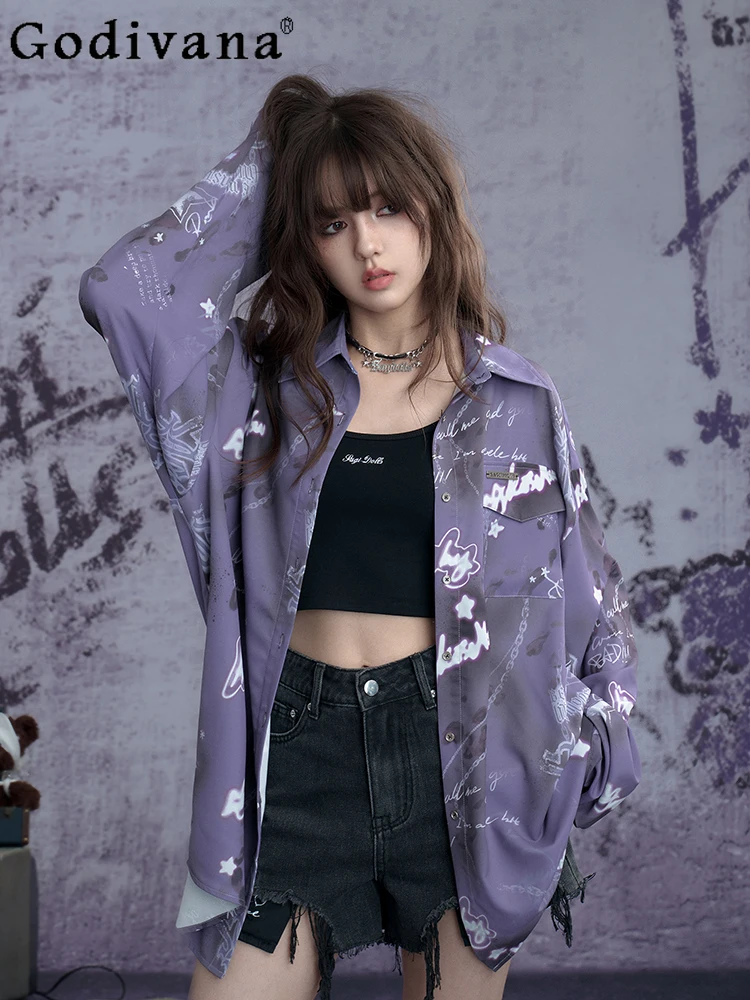 

Sweet Cool Print Music Festival Summer Long Sleeve Turn-down Collar Sunscreen Top Handsome Girl Purple Loose Street Style Shirt