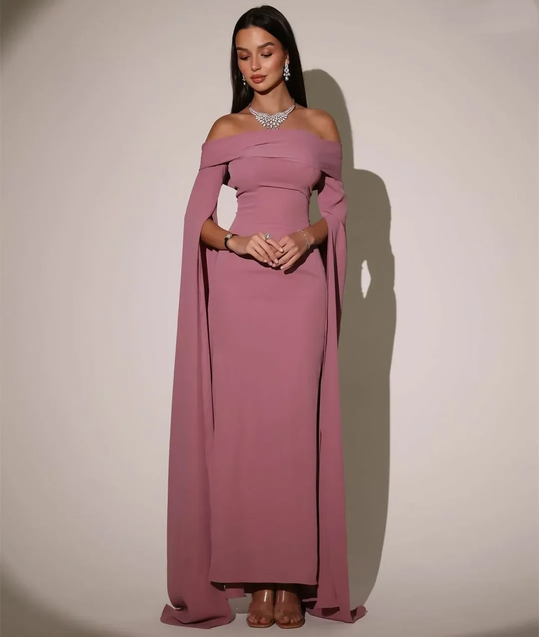 Customized Elegant Long Pink Off The Shoulder Evening Dresses with Slit Straight Long Sleeve Dubai Ankle Length Prom Dresses for