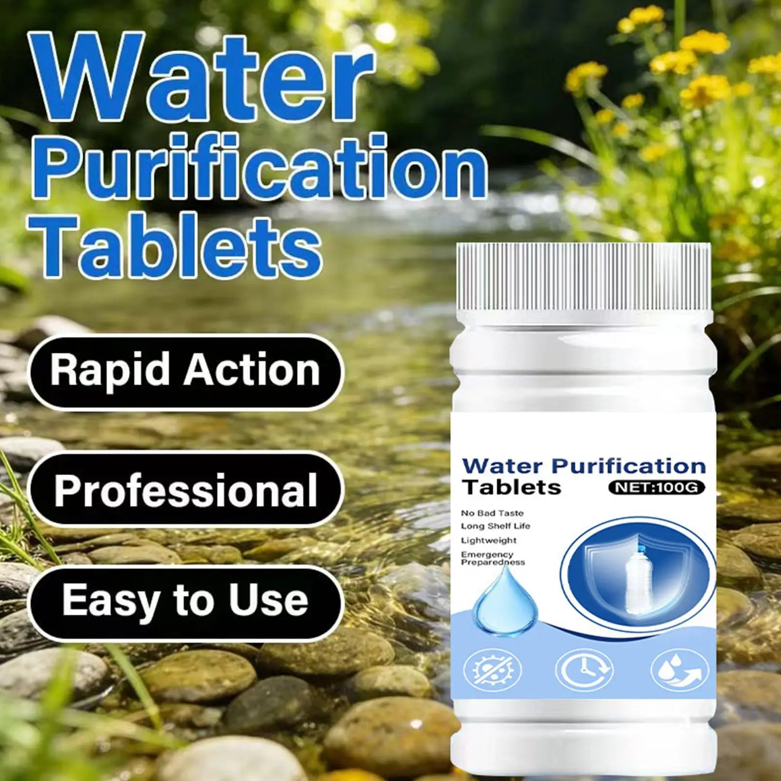 1 Bottle Water Purification Tablets Portable Effective Fast Dissolving Safe Drinking Water Filter System For Backpacking