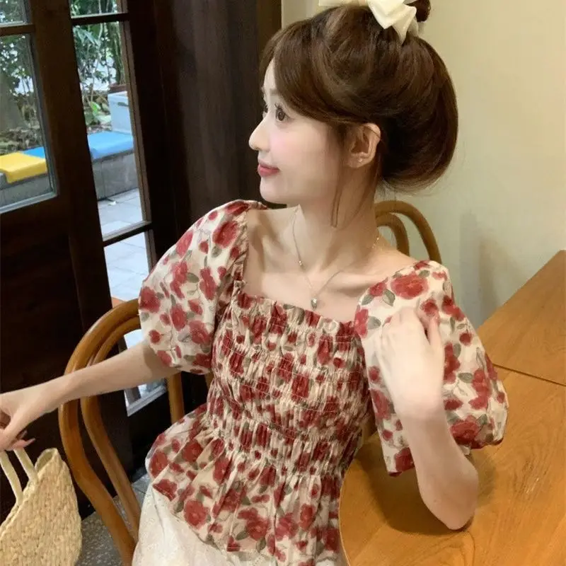 Floral Blouses Women Square Collar Puff Sleeve Summer Sweet Korean Style Pleated Tops Stretchy Ulzzang Tender Vintage Prevalent