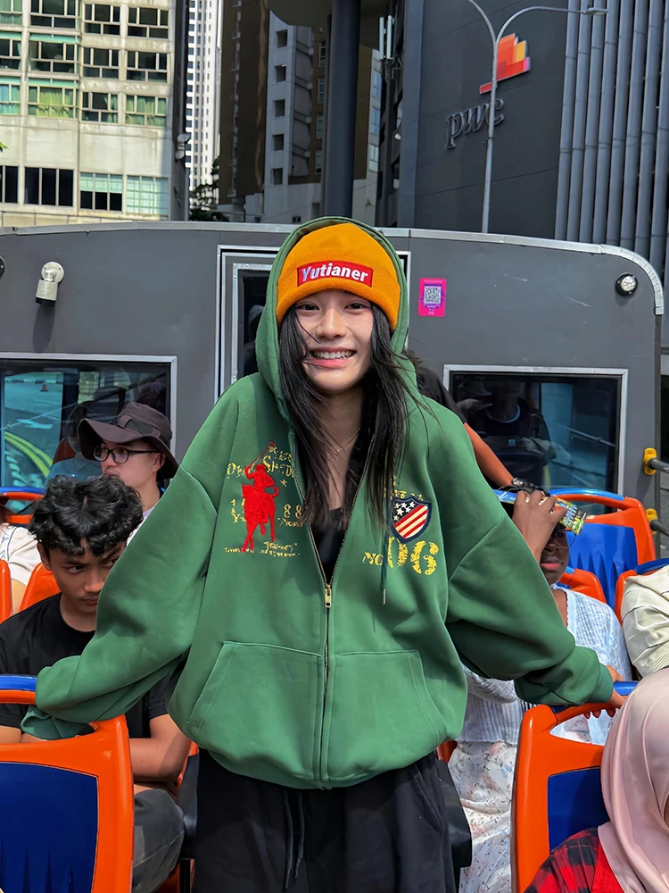 Retro Amerikaans ontwerp Letterborduurwerk Print Hoodie Dames Lente Herfst Los Veelzijdig High Street Couple's Jaet