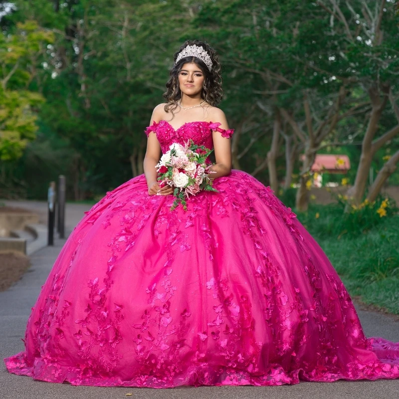 

Rose Red Princess Quinceanera Dresses Off Shoulder Beaded Bow Tull Corset Sweet 16 Dress vestidos de 15 quinceañera