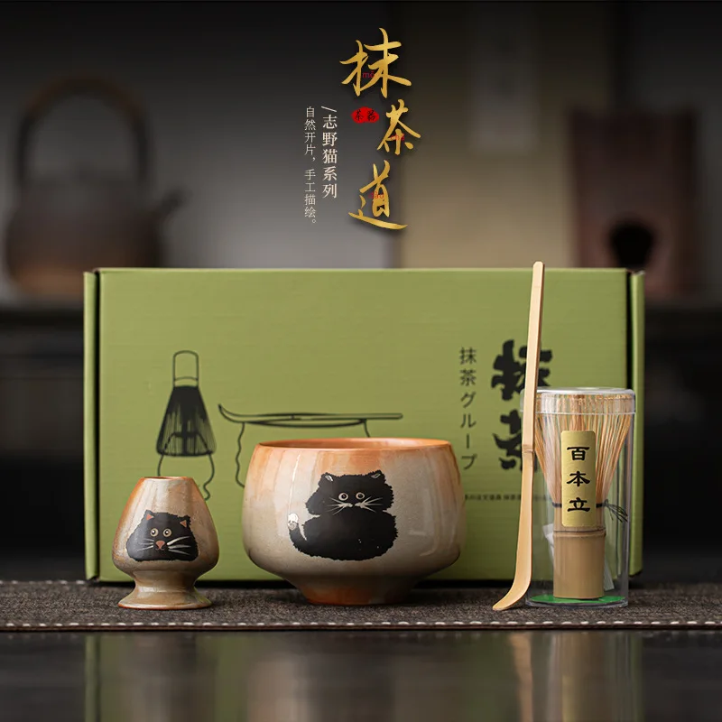 2-4PCS ​Shino-neko Creative Ceramic Matcha Set: Chasen-stand Matcha Bowl, Hyakuhon-ri Tea Scoop, and Full Whisking Tool Set.​