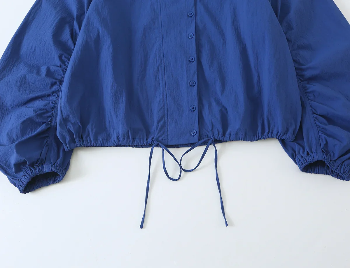 Vintage-Lichtjacke, einreihig, für Frühling und Herbst, Damenmantel, dünn, schick, lässig, mit Faltenärmeln, Stehkragen, High-Street-Top – Detail 7