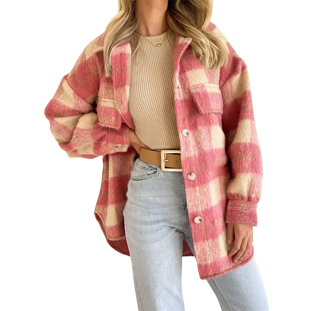 2024 Autumn Winter Women Mohair Coat Thick Woolen Plaid Coat Female 2 Pocket Lapel Single-breasted Jacket Women Warm Outwears