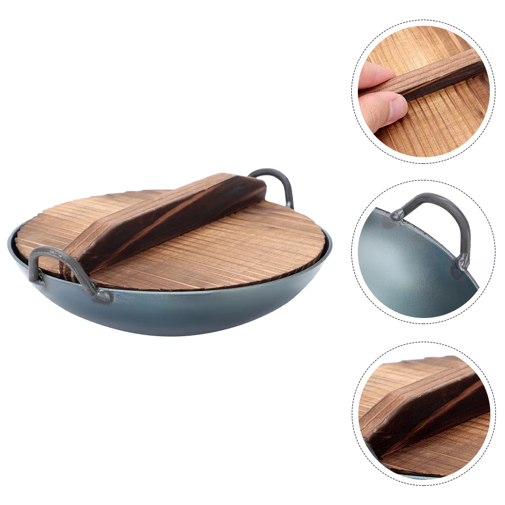 1 conjunto mini wok de ferro com capa de madeira simulação premium ferramenta de cozinha para crianças fingir jogar cozinha mini casa utensílios de cozinha