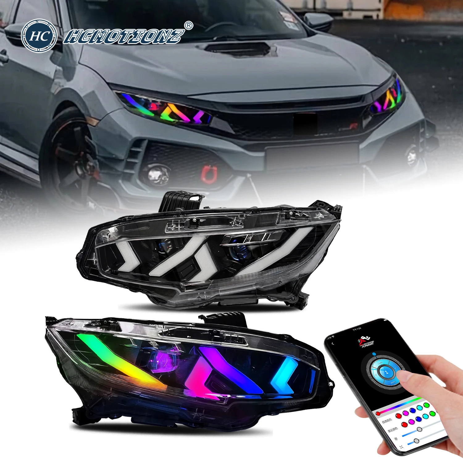 HCMOTIONZ RGB Headlights for Honda Civic DRL Start Up Animation  LED Front Lamps Signal Assembly 2016-2021 Accessories