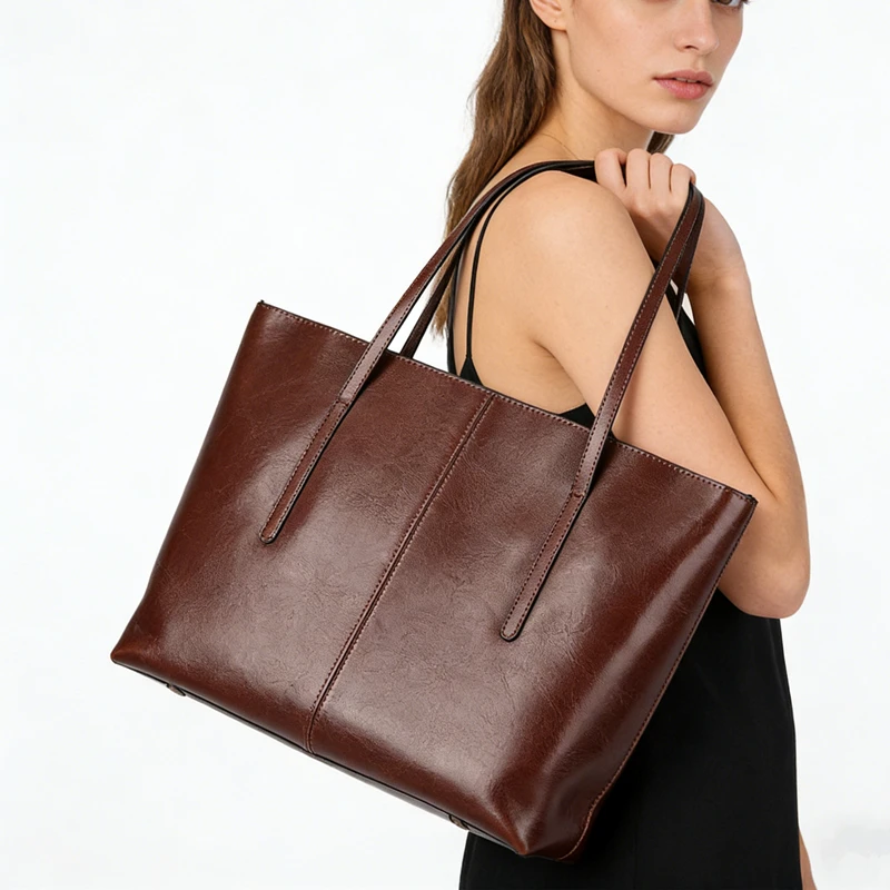 HIFASHION Genuine Cowhide Leather Tote Bags Women 2026 Casual Large Daily Work Shoulder Purses A4 Laptop Shopper Ladies Handbags
