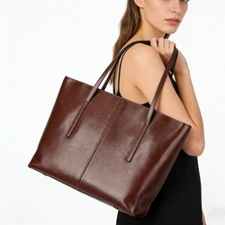 HIFASHION Large Genuine Cowhide Leather Tote Bag For Women Retro Laptop Work Shoulder Purses A4 Office Commuter Shopper Handbags