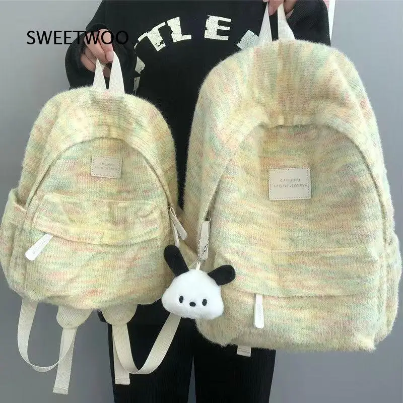 Pastel Rainbow Fuzzy Plush Backpack Cookie Ornament Elf Doll Keychain Cute Girls School Daypack