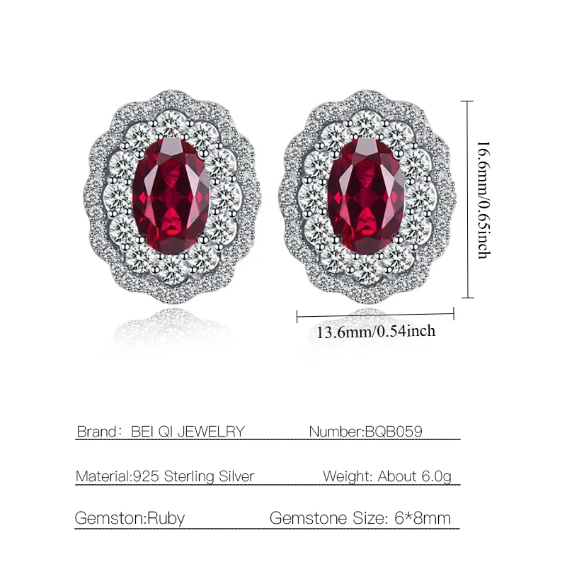 925 Sterling Silver Oval Ruby Cubic Zirconia Flower Stud Earrings Women  Accessories for Wedding Engagement  Lady's Jewelry Gift