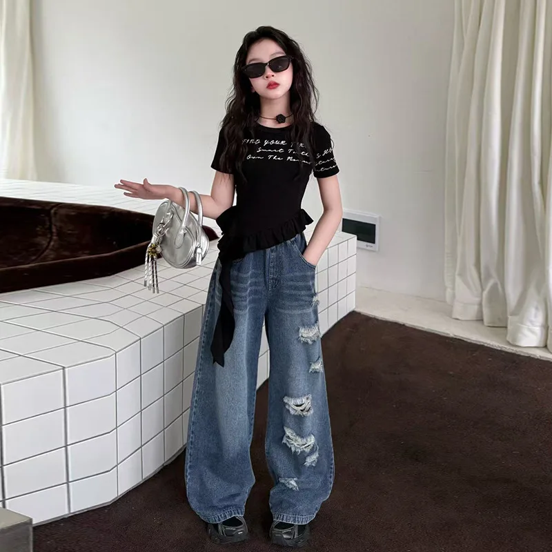 Cross border girl's stylish design irregular short sleeved  summer outfit new children's  jeans fashion set