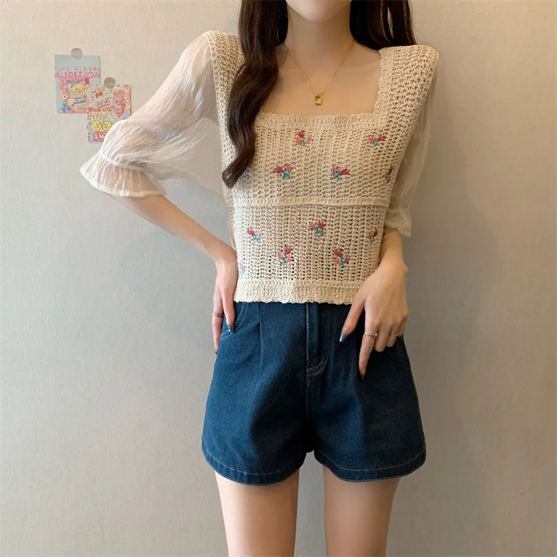 Embroidery Floral Crochet Knit Top with Chiffon Sleeve Square Neck Open-knit Blouse Top Women Spring Summer Fairycore Outfit