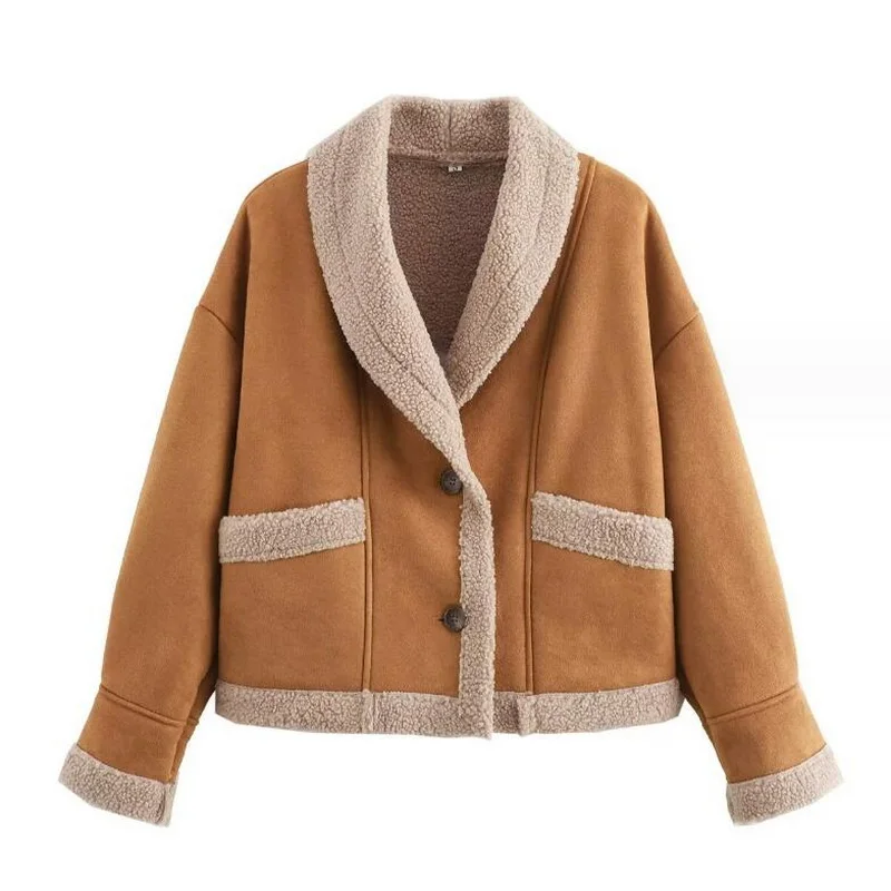 Abrigo de piel para mujer, cárdigan de terciopelo de gamuza Retro americano, suelto con cuello, de una pieza, Otoño e Invierno