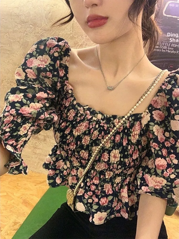 Sexy ort Bubble Sve Blumendruck Damen Top Sommer New Sle Fairy Aosphere Schneeflockenbluse Fem Faion Apparel