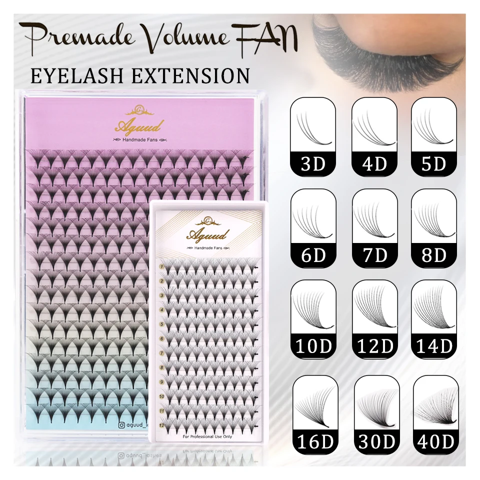 

AGUUD 3D-40D Premade Fans Eyelash Extensions Pointy Base Russian Volume Fans Eyelash Clusters Sharp Medium Stem Ready Fan Lashes