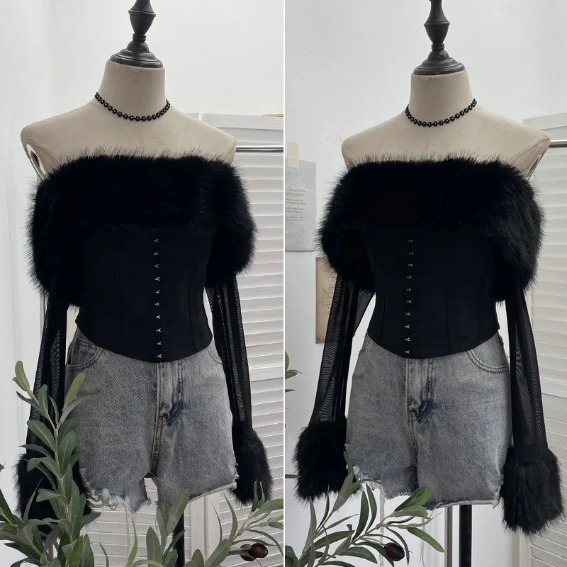 เสื้อยืดแขนยาวผ้าตาข่ายเปิดไหล่สไตล์เซ็กซี่สำหรับผู้หญิง เสื้อครอปสั้นสไตล์ Y2K แนวสาวเปรี้ยว