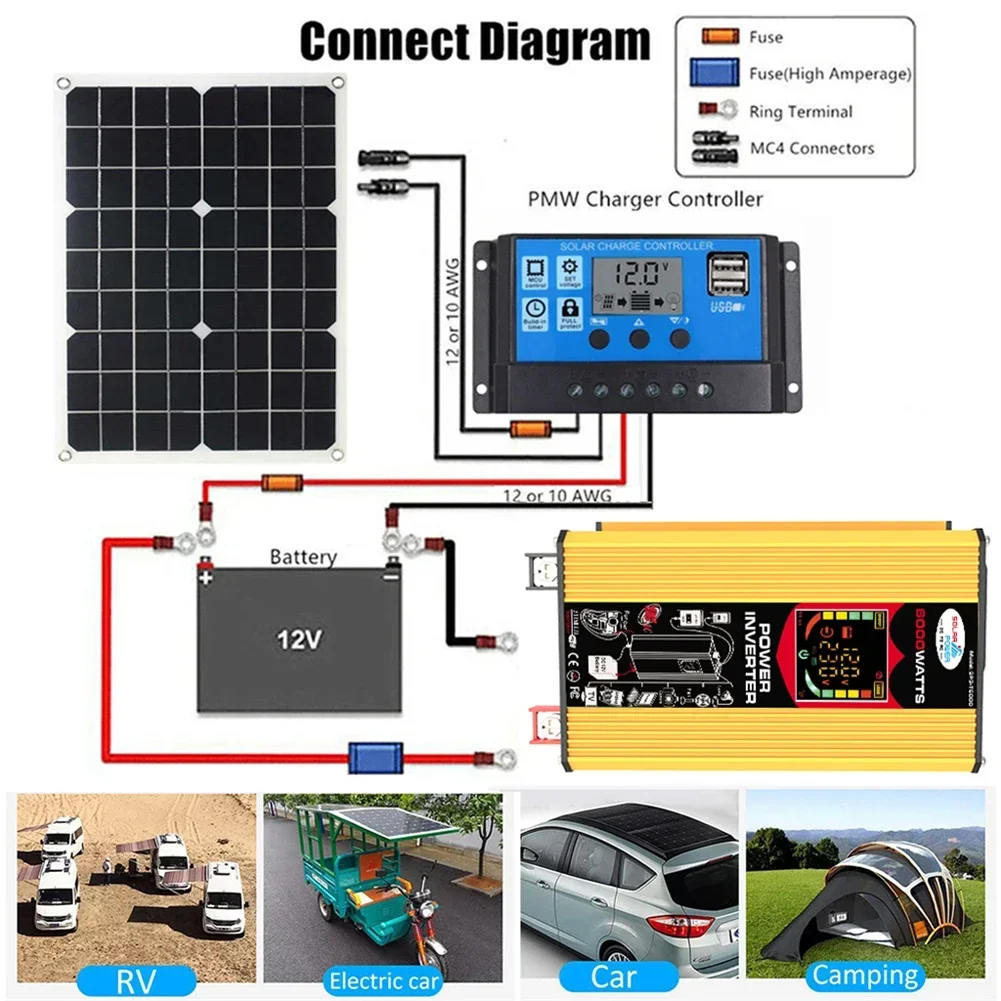 6000W Car Inverter Dual USB Intelligent Power Inverter DC 12V To AC 110V 220V Vehicle Smart Inverter LCD Display for iPad Phone