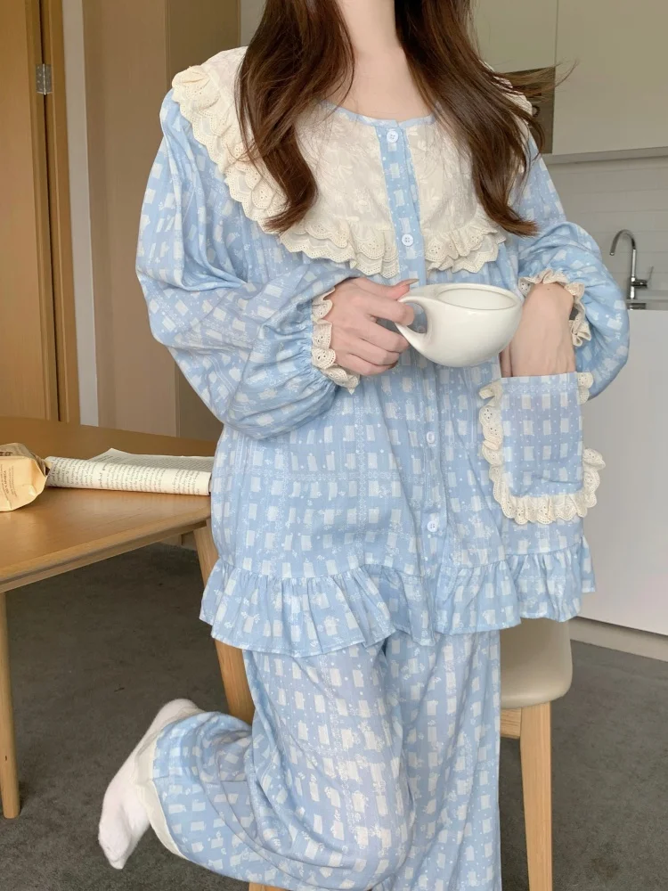 

blue plaid autumn pajamas set women lace o-neck blouse + trouser two piece home suit korean sweet cotton sleepwear thin pocket