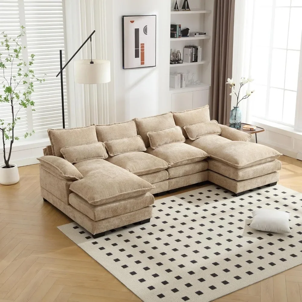 أريكة سحابة مقطعية مكونة من 6 مقاعد مع كرسي مزدوج، أريكة ترفيهية منجدة من الشنيل على شكل حرف U