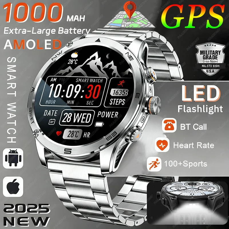 

2025 New Military SmartWatch 1000Mah Battery GPS Compass IP68 Waterproof Tactics Sport LED Flashlight BT call SmartWatch For Men