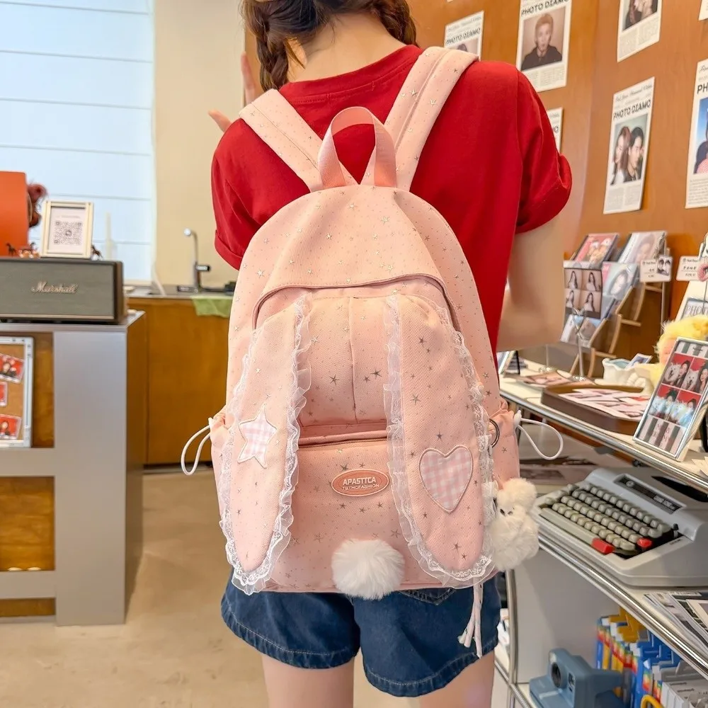 Fashion Nylon Rabbit Ear Backpack Lace Large Capacity School Bag Polka Dot Student's Backpack for Students Girls