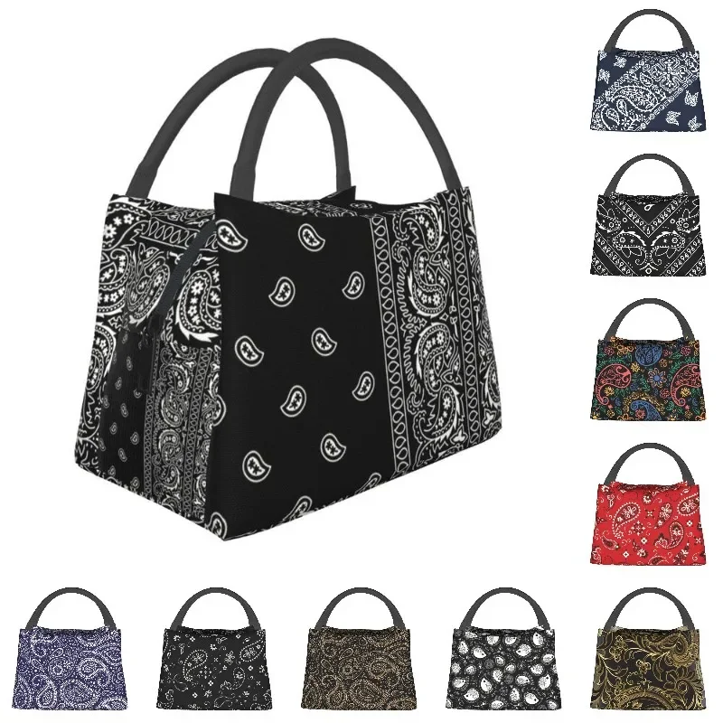 Black And White Paisley Chicano Bandana Style Insulated Lunch Bags for Black And White Thermal Cooler Lunch Tote Work Picnic