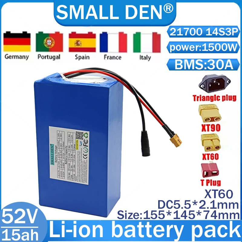 New 21700 52V 15Ah 14S3P lithium-ion battery pack 1000-1500W, equipped with 30A BMS Golf wagon solar electric off-road vehicle