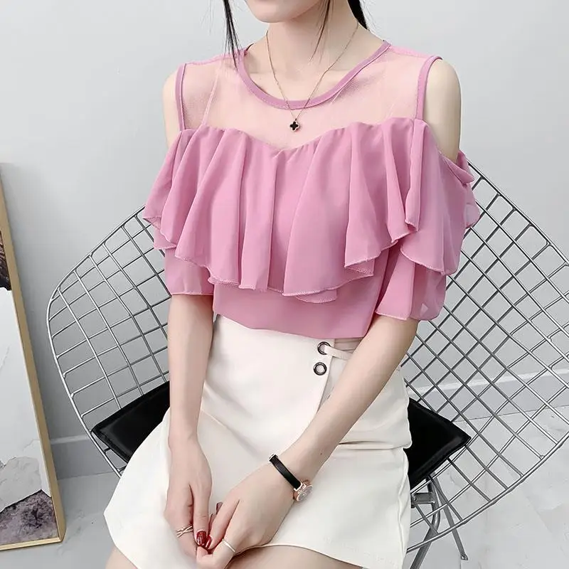 

Women Clothes Summer Korean Fashion Ruffles All-match Appear Thin Solid Color Chiffon O-neck Ladies Simplicity Short Sleeve Tops