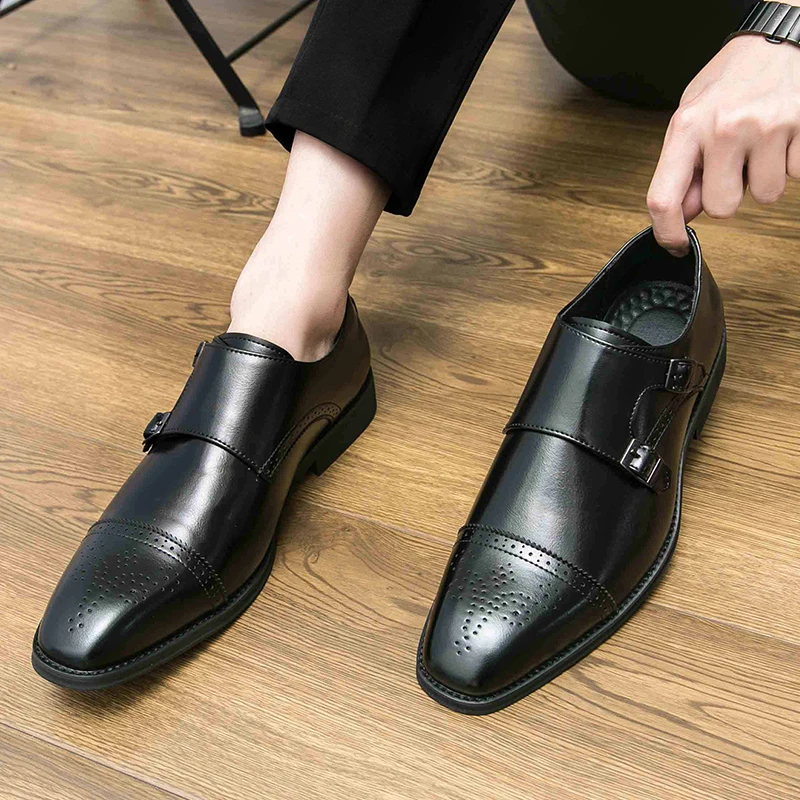 Formal Shoes Men Solid Color Block Hollow Carved Fashion Trendy Double Buckle Pointed Leather Shoes