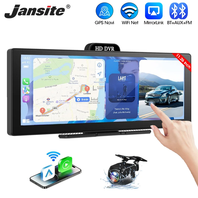 

11,26-дюймовый портативный 4K видеорегистратор с экраном Carplay, сенсорным экраном, Bluetooth, беспроводным Android Auto, GPS-навигацией, FM и AUX
