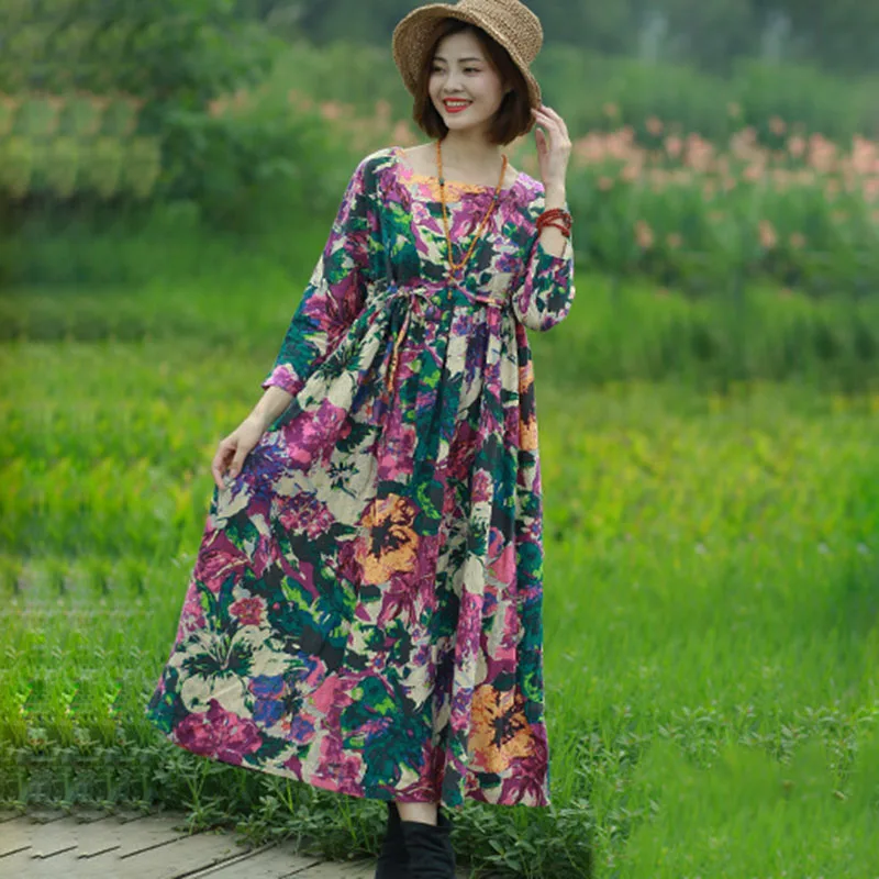 Herbst Baumwolle Leinen Wunderschöne Druck Kleid 3/4 Langarm Frauen Retro Pastoralen Stil Hohe Taille Kordelzug Französisch Boho Maxi Rock