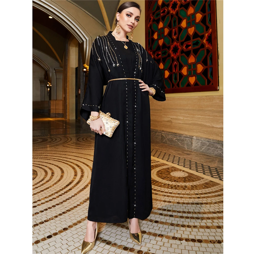 Imagem -02 - Abayas Abertas para Mulheres Beading Costurado à Mão Cetim Muçulmano Cardigan Luxo Vestido Quimono Turquia Eid Party Robe Marroquino Cinto Kaftan Ramadan