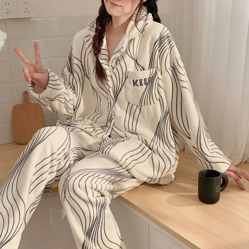 Winter New Women Pajamas Flannel Simple Cardigan Long Sleeve Trousers Homewear Two-Piece Female Thermal Loose Nightclothes Sets