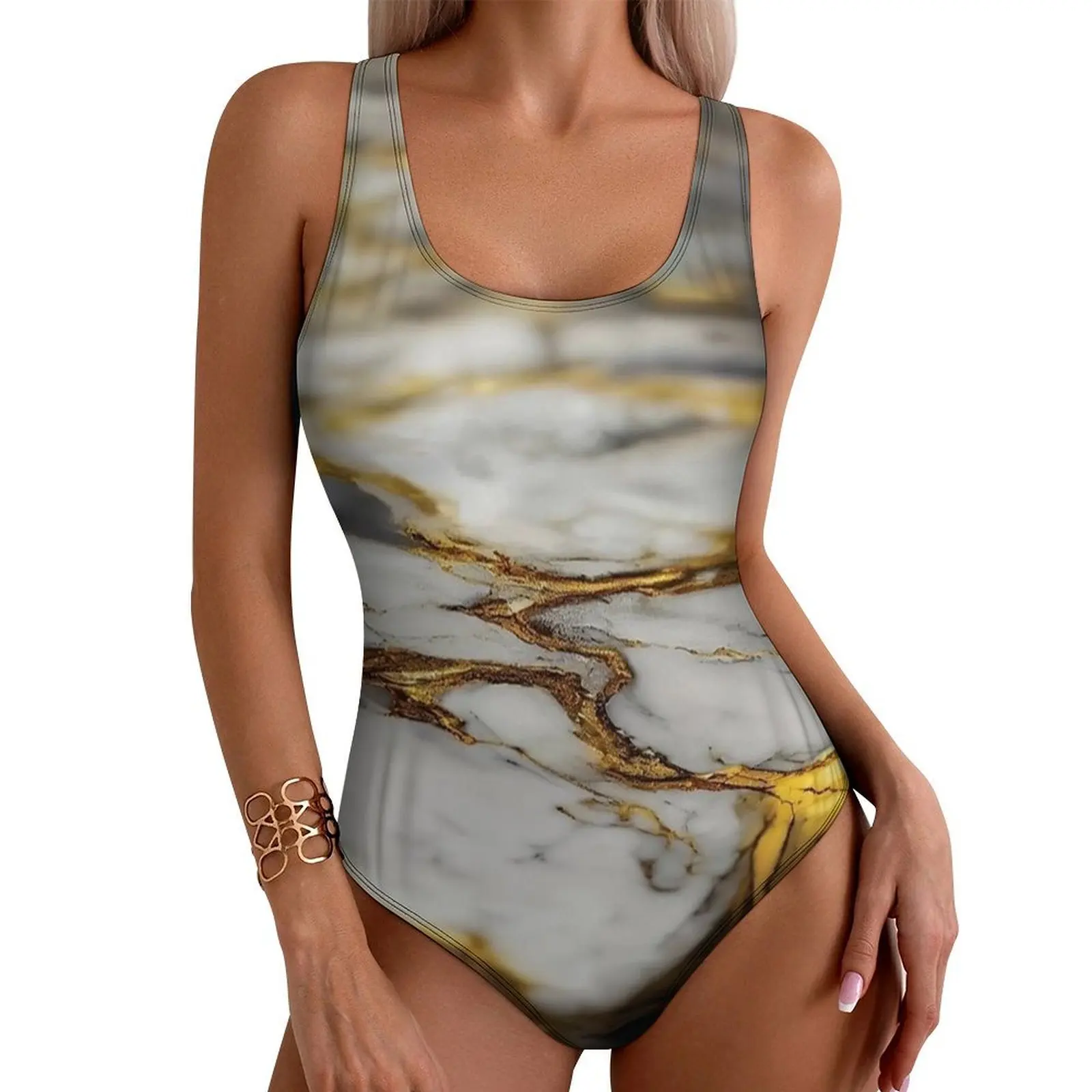 White Gold Vintage Marble Swimsuit Sexy  One Piece Swimwear Push Up Bodysuit Novelty Vacation Bath Beach Wear