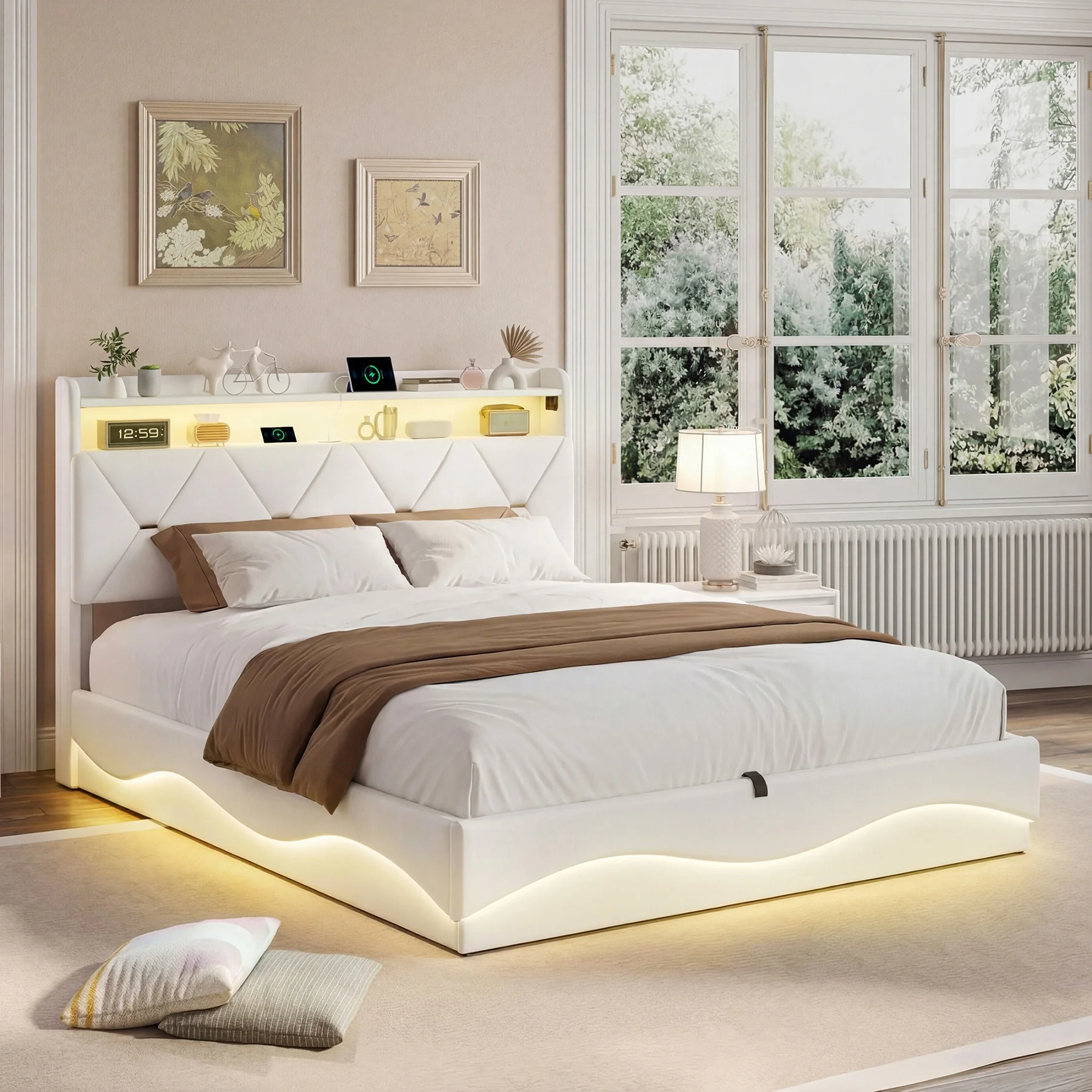 Lit enfant 90x200cm, lit rembourré 140x200 avec éclairage LED, port USB et Type-C, lit double pour chambre à coucher avec sommier à lattes, velours