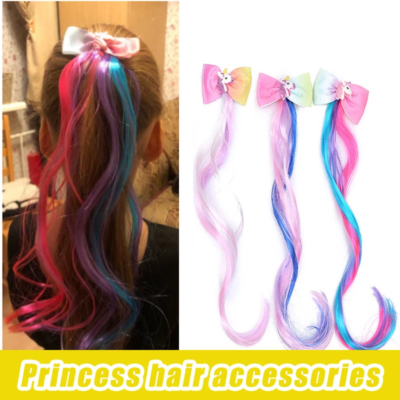 Girls' colorful wig decoration cute cartoon pony unicorn bow hair card headdress children's Princess hair accessories