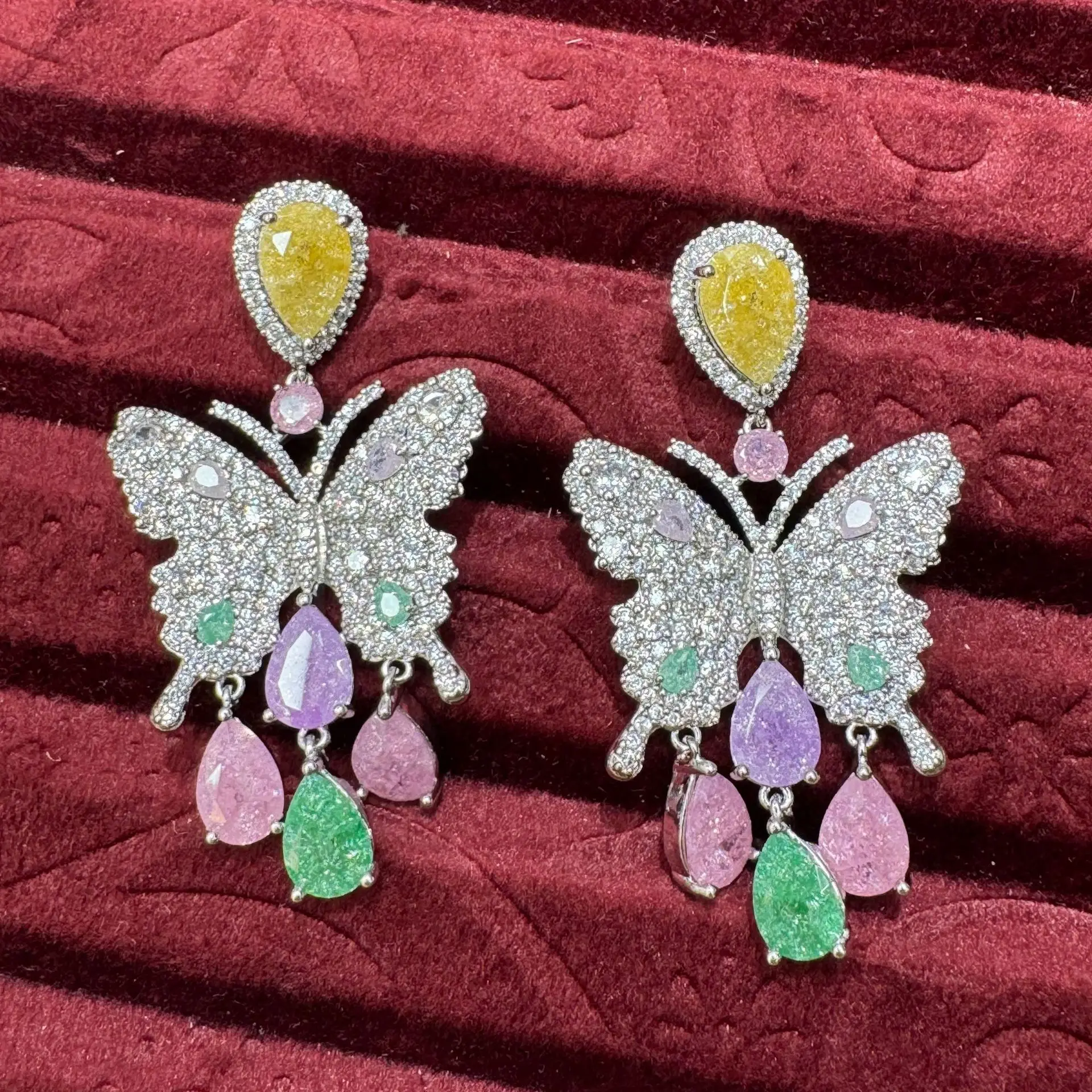 

luxury zircon earrings large butterfly multicolor blue pink yellow teardrop dangling earrings for women gala event party jewelry