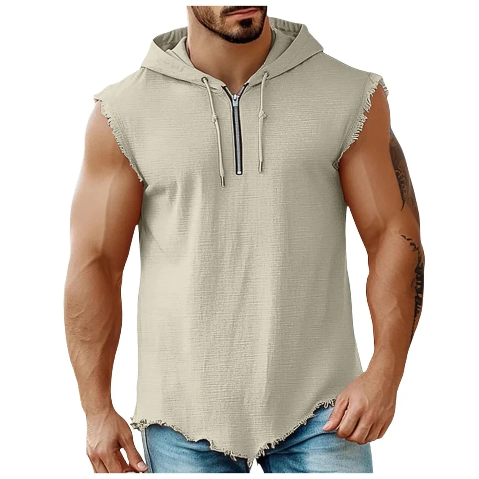 Gym Vest For Men Summer Quarter Zip Sleeveless Hooded Tank Tops Fitness Running Top Lightweight Vacation Beach Daily Clothes