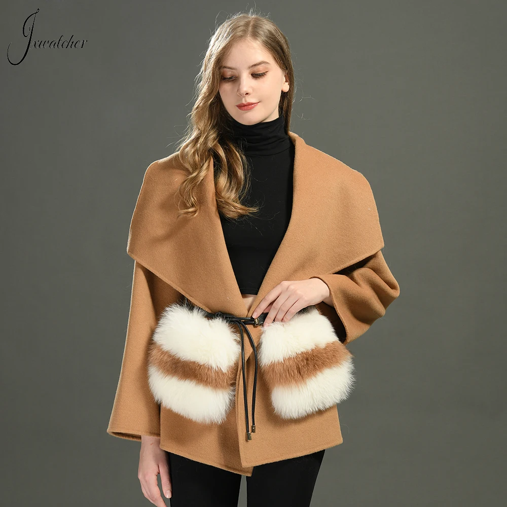 Jxwatcher Wool Coats for Women Real Fox Fur Pocket Ladies Fashion Double Face Cashmere Jacket with Belt Autumn Winter Coat New