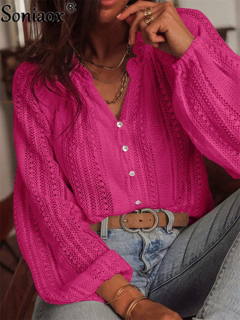 Women Sweet Style Loose Lantern Long Sleeve Blouse Elegant Commuter Solid Color Hollow out Lace Shirt Spring Autumn Casual Tops