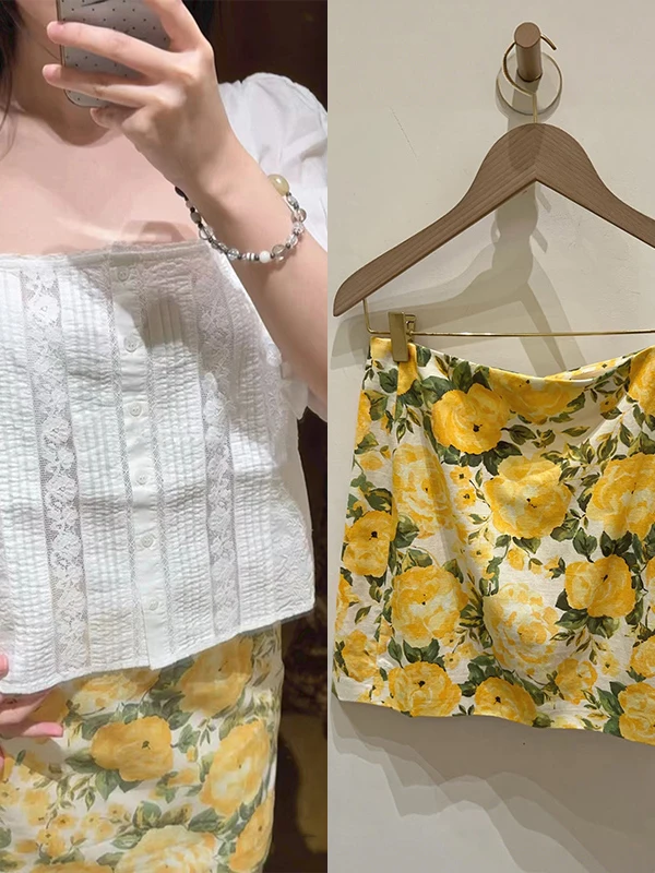 

Summer 2026 White Bubble Sleeve Shirt And Printed Skirt Fashion Set Women's Square Collar Short Sleeve Floral Print Outfit