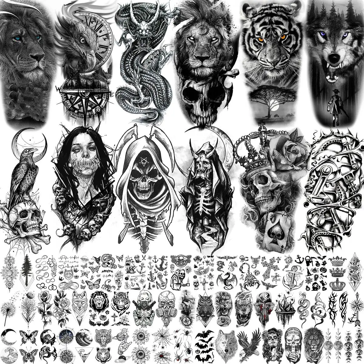 66 Sheets Black Dragon Temporary Tattoos For Adults Men Arm Thigh Tattoos Fake Tiger Lion Devil Skull Tatoos Body Art Painting