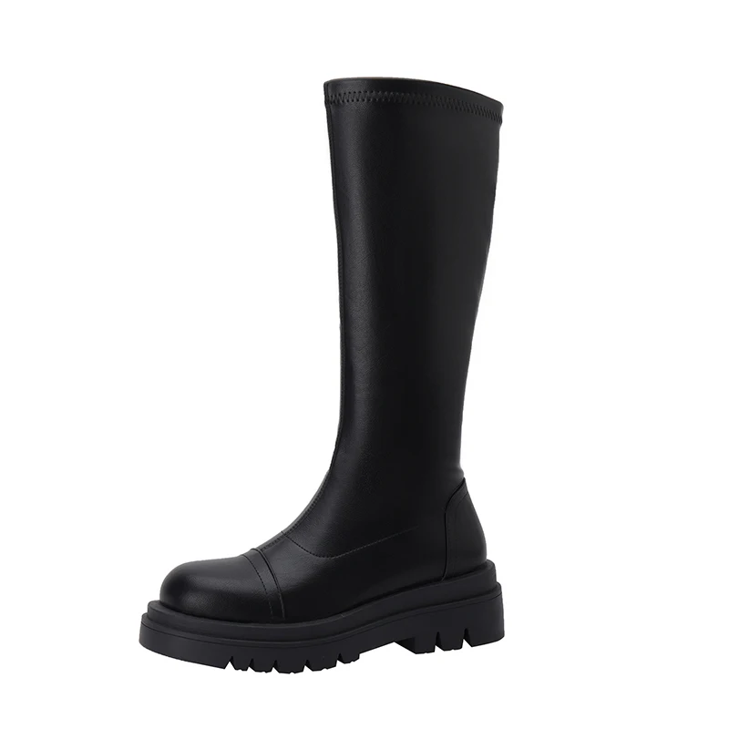 Petite Feet Stretch Women Knee High Boots Side Zipper Platform Boots Black Plus Width Oversizes Round Toe Splicing Boots