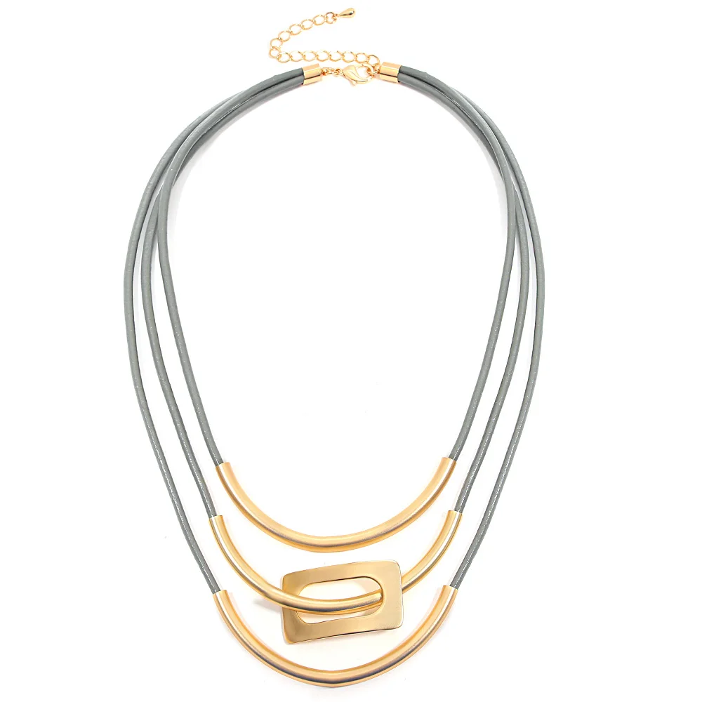ALLYES Vintage Multilayer Leather Choker Necklace for Women Personality Gold Color Curved Metal Tube Necklaces Collares Jewelry