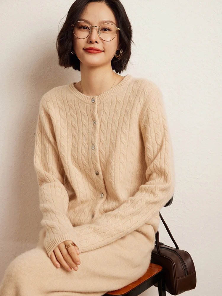 

Chic Luxury Twist Flower Button Cashmere Sweater Temperament Women's Cardigan O-Neck 100% Cashmere Knitted Tops Autumn Winter