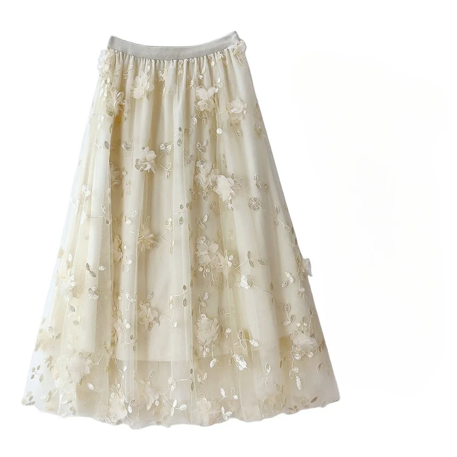 الجديد في ألف خط ارتفاع الخصر التطريز ثلاثية الأبعاد زهرة تول ميدي تنورة المرأة الربيع الصيف الوردي شيك أنيقة شبكة حفلة تنورة طويلة