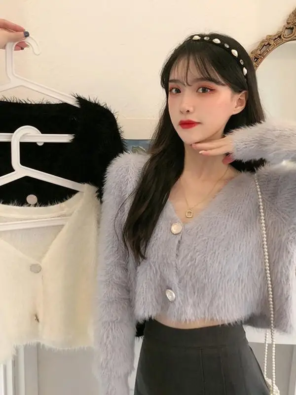 

Loose Women's V-Ne Cardigan ort Plu Faux Mink Knitted Sweater Spring Autumn Winter New Sle Outerwear Coat Commute Sle