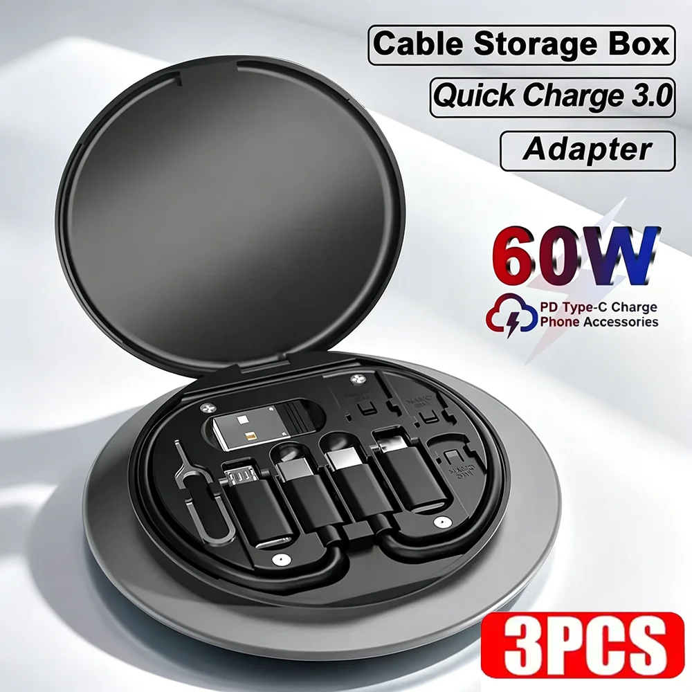 3pcs 60W Fast Charging Mobile Phone Holder Multifunctional Portable Data USB C Cable Storage Box Charging Coed Set For Traveling
